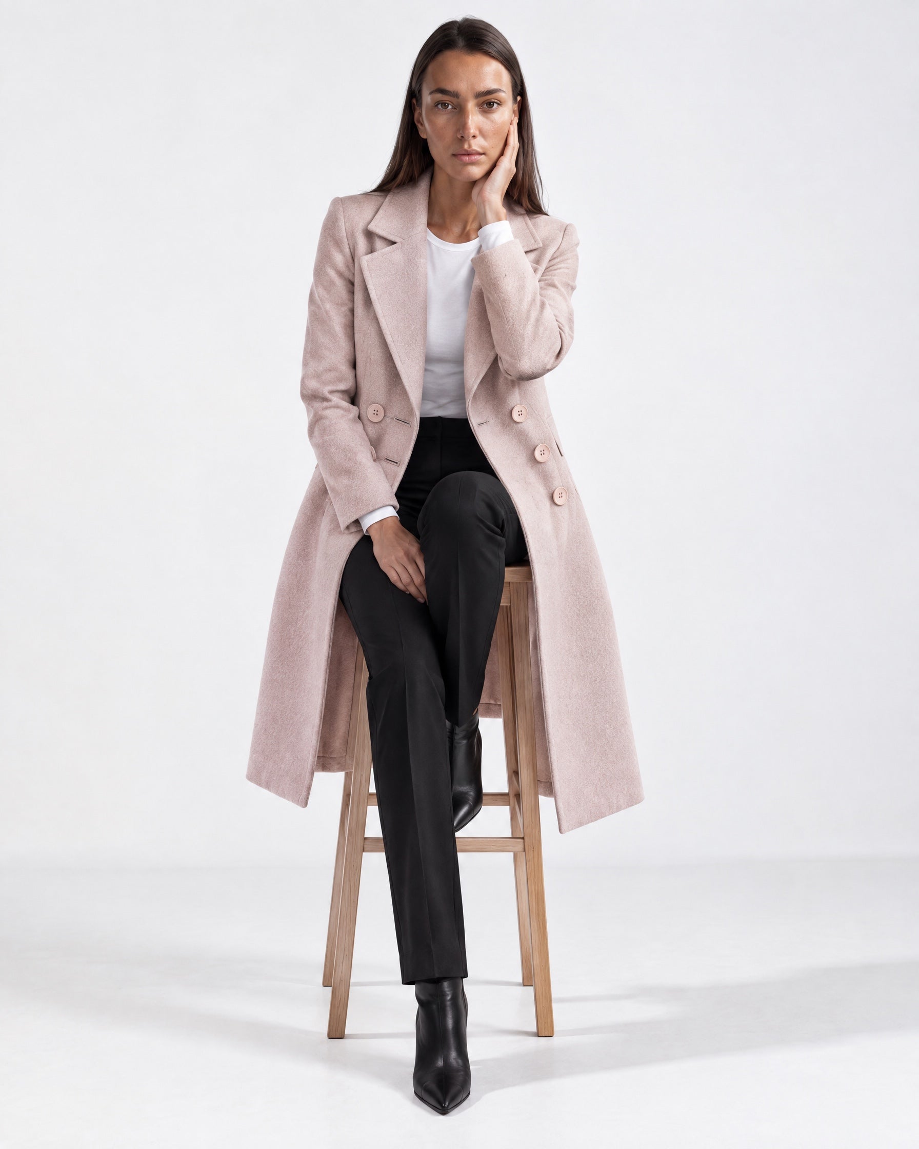 Pink Longline Coat Tailored Double Breasted Coat with Notch Lapel and Belted Waist