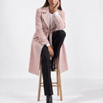 Pink Longline Coat Tailored Double Breasted Coat with Notch Lapel and Belted Waist