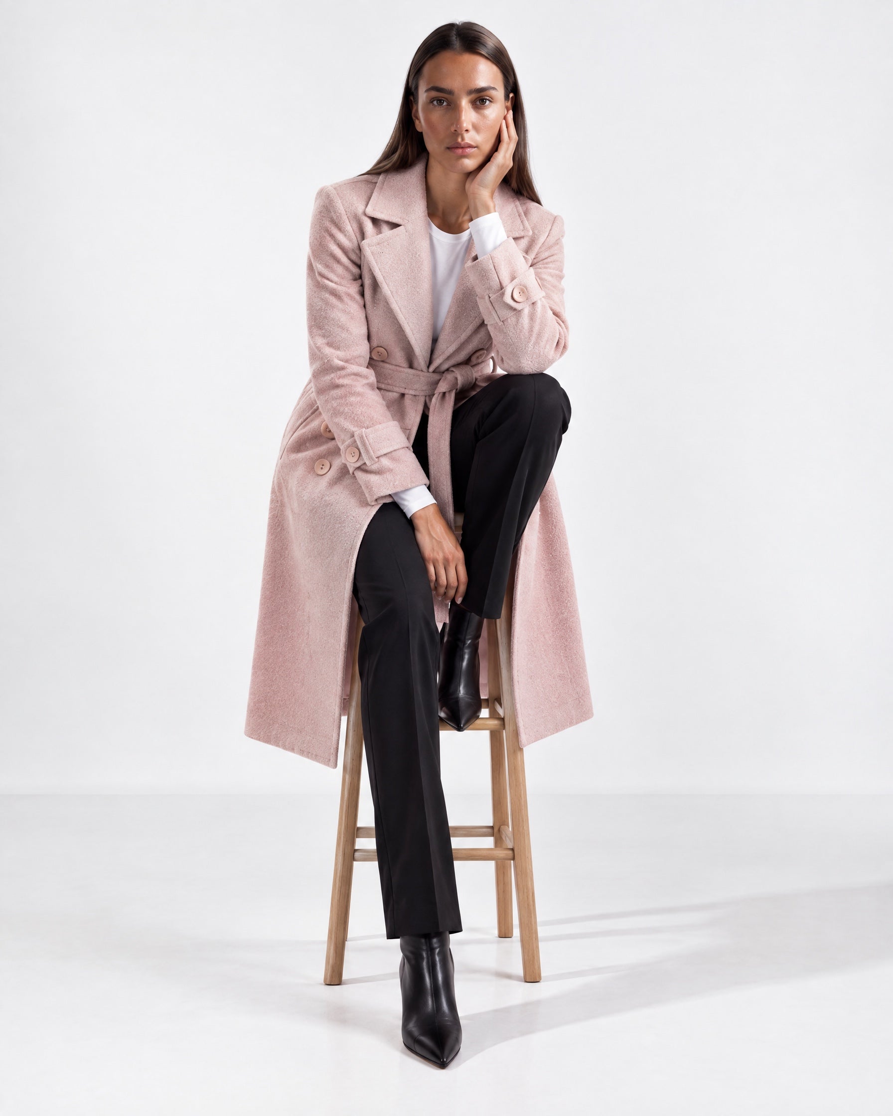 Pink Longline Coat Tailored Double Breasted Coat with Notch Lapel and Belted Waist
