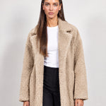 Beige Teddy Coat Longline Borg Coat with Notch Collar Open Front and Oversized Fit