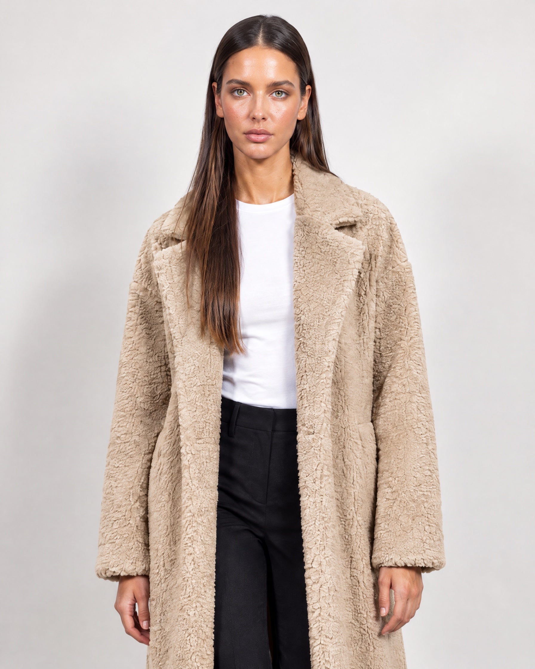 Beige Teddy Coat Longline Borg Coat with Notch Collar Open Front and Oversized Fit
