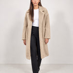 Beige Teddy Coat Longline Borg Coat with Notch Collar Open Front and Oversized Fit