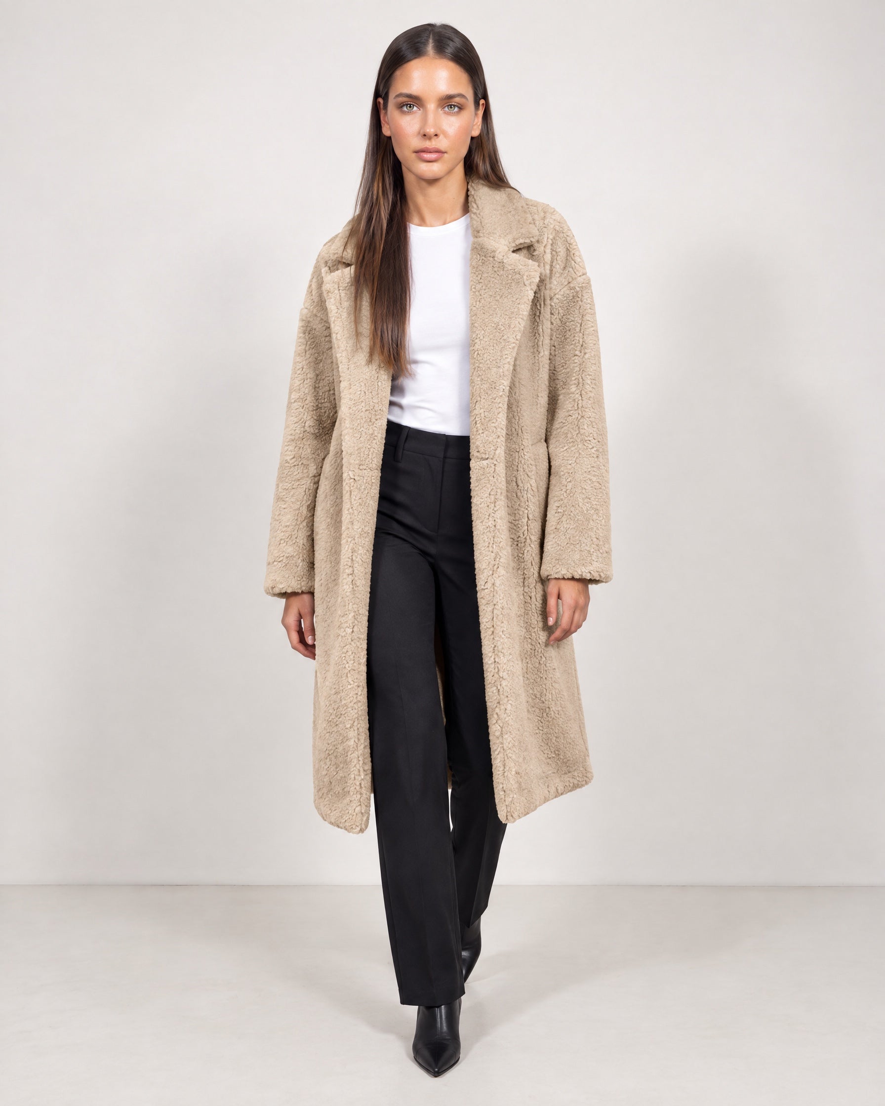 Beige Teddy Coat Longline Borg Coat with Notch Collar Open Front and Oversized Fit