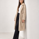 Beige Teddy Coat Longline Borg Coat with Notch Collar Open Front and Oversized Fit
