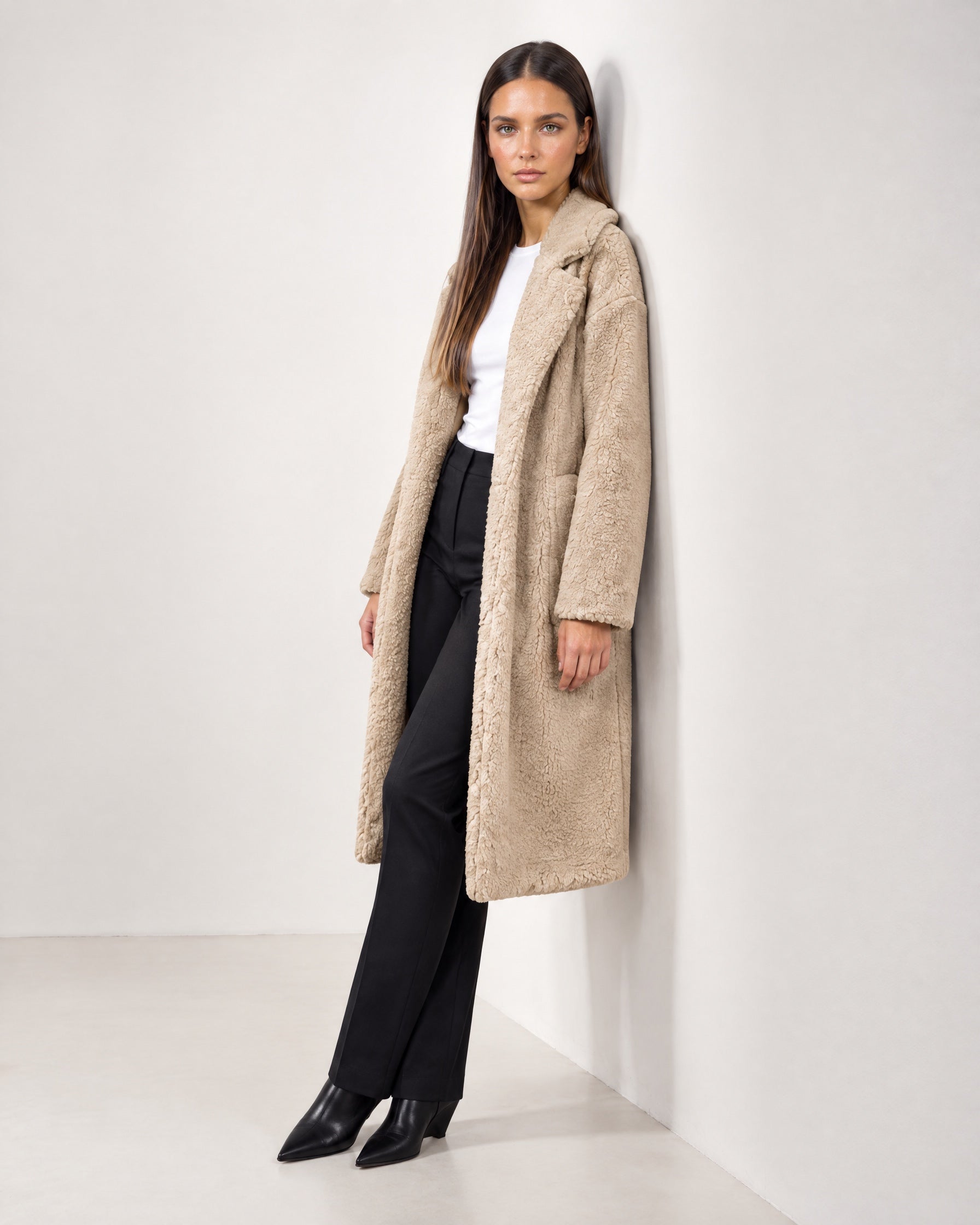 Beige Teddy Coat Longline Borg Coat with Notch Collar Open Front and Oversized Fit