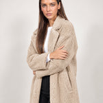 Beige Teddy Coat Longline Borg Coat with Notch Collar Open Front and Oversized Fit