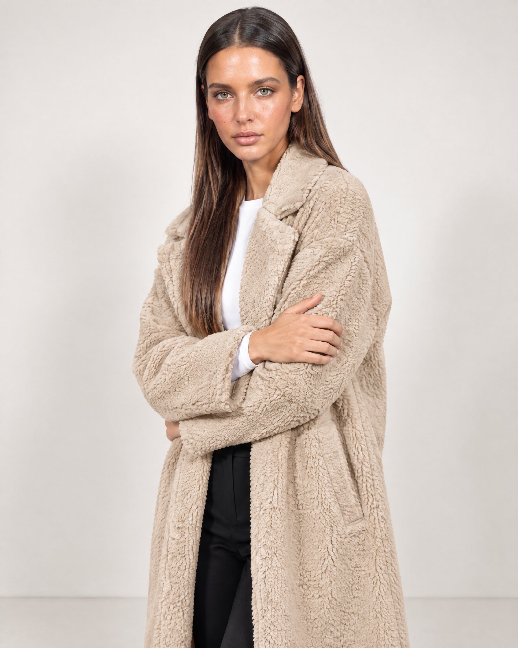 Beige Teddy Coat Longline Borg Coat with Notch Collar Open Front and Oversized Fit