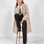 Beige Teddy Coat Longline Borg Coat with Notch Collar Open Front and Oversized Fit