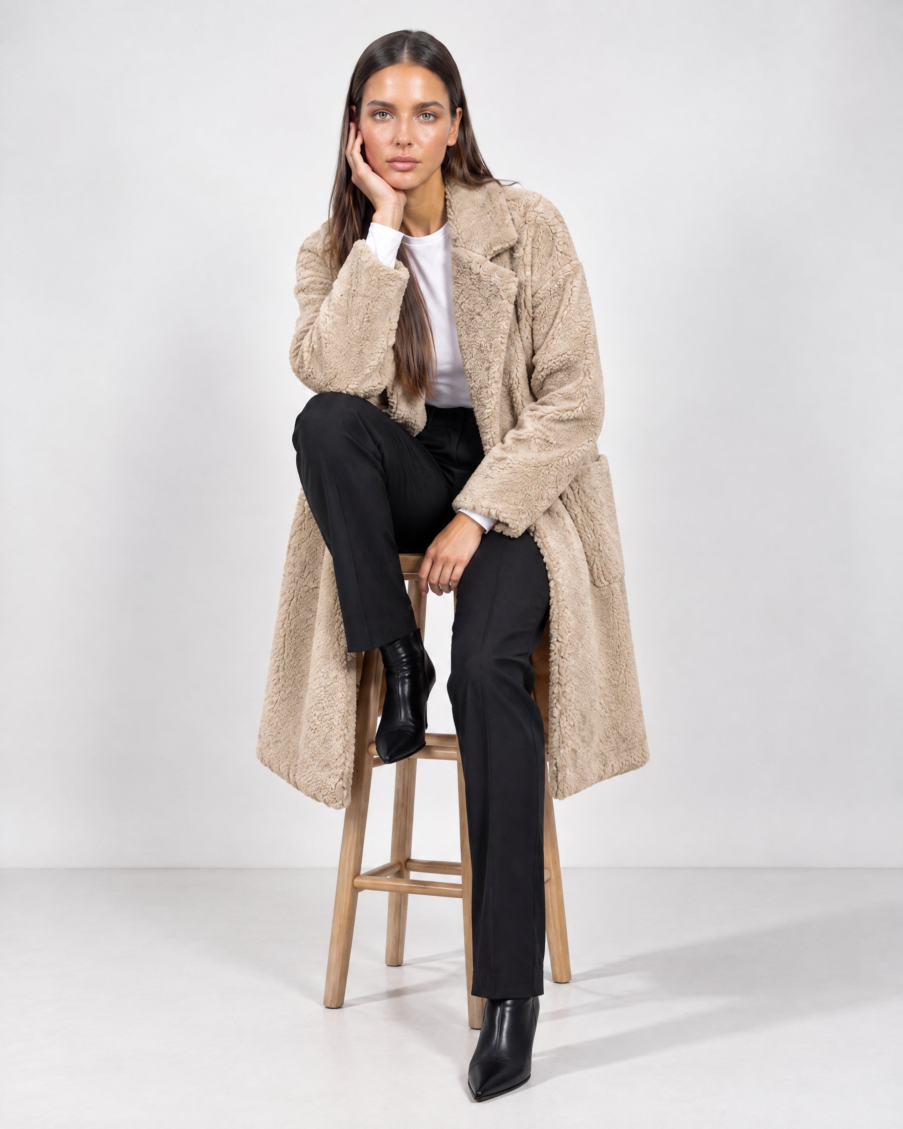 Beige Teddy Coat Longline Borg Coat with Notch Collar Open Front and Oversized Fit