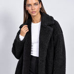 Black Teddy Coat Longline Borg Coat with Notch Collar Open Front and Oversized Fit
