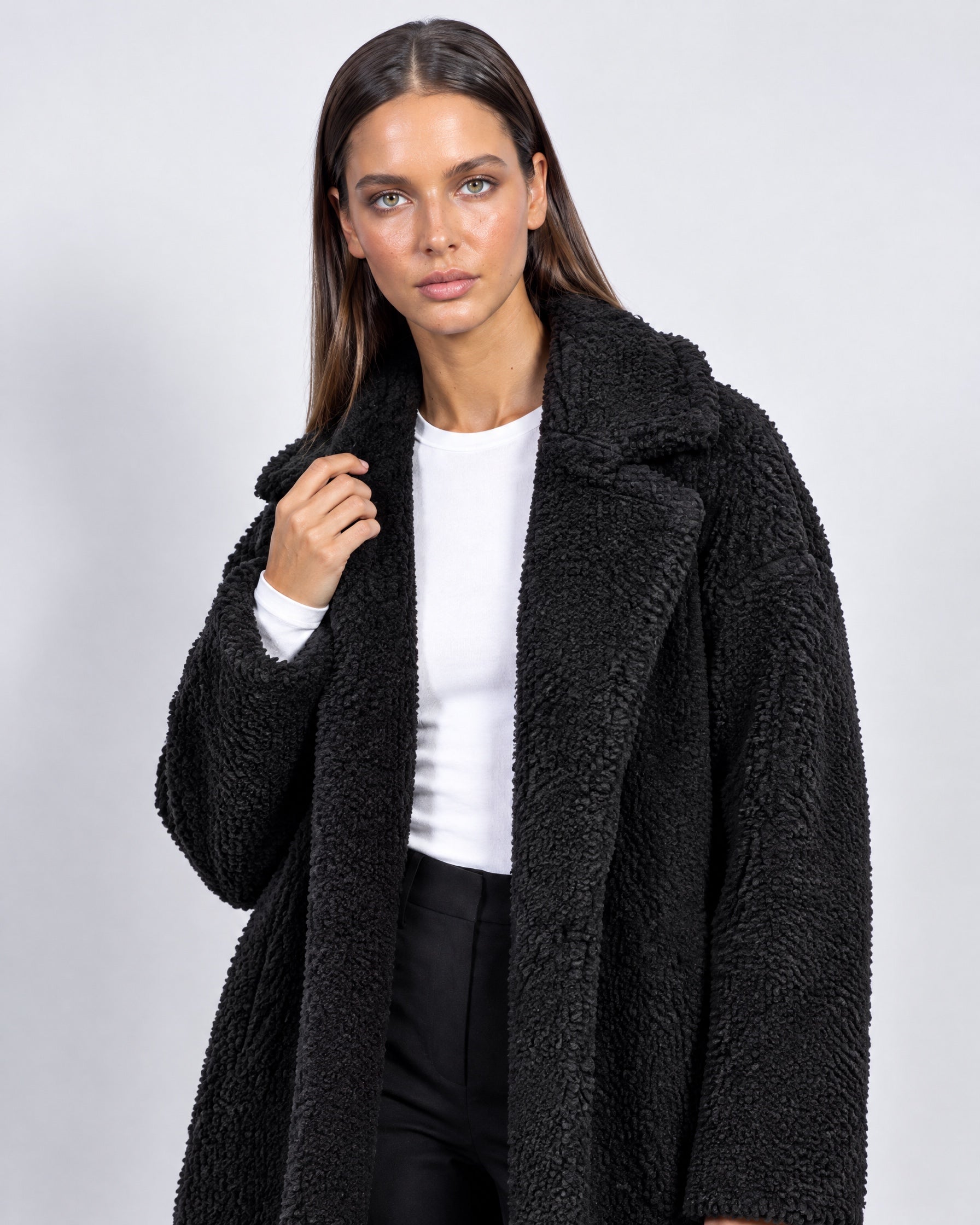 Black Teddy Coat Longline Borg Coat with Notch Collar Open Front and Oversized Fit
