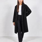 Black Teddy Coat Longline Borg Coat with Notch Collar Open Front and Oversized Fit
