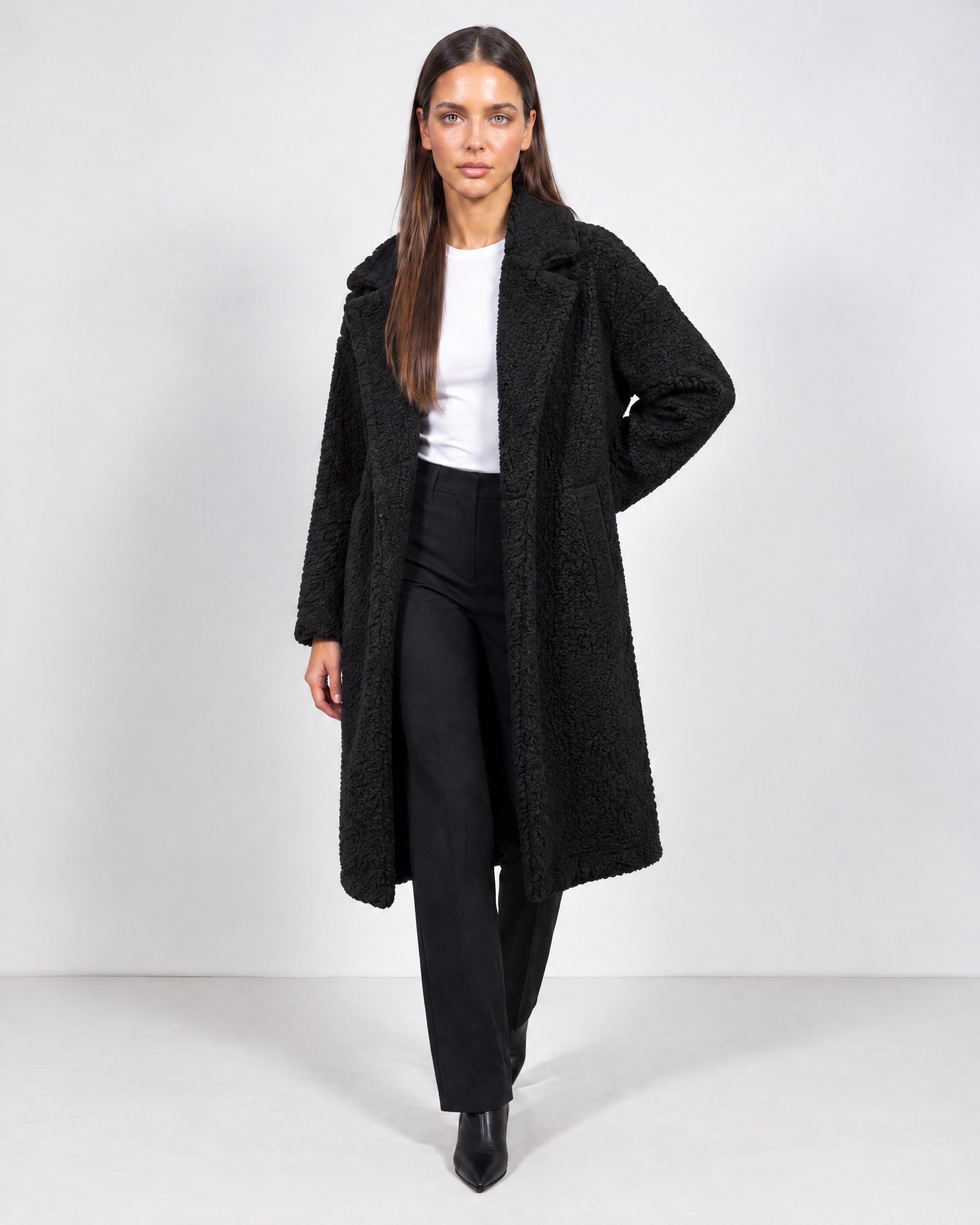 Black Teddy Coat Longline Borg Coat with Notch Collar Open Front and Oversized Fit