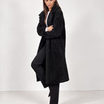 Black Teddy Coat Longline Borg Coat with Notch Collar Open Front and Oversized Fit