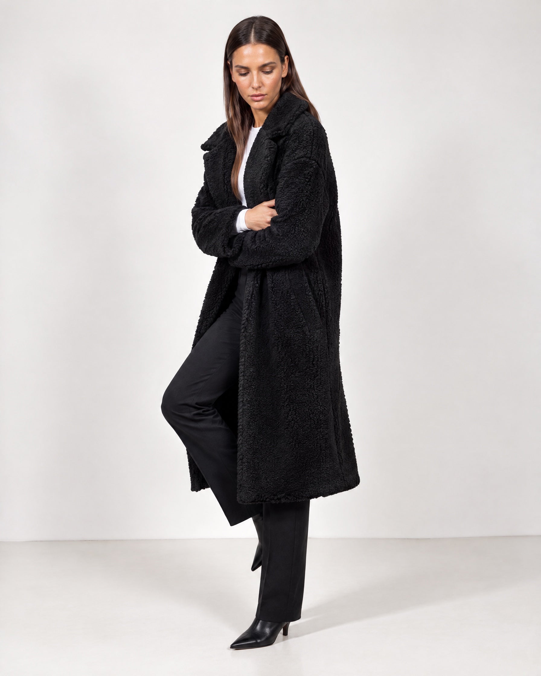 Black Teddy Coat Longline Borg Coat with Notch Collar Open Front and Oversized Fit
