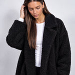 Black Teddy Coat Longline Borg Coat with Notch Collar Open Front and Oversized Fit
