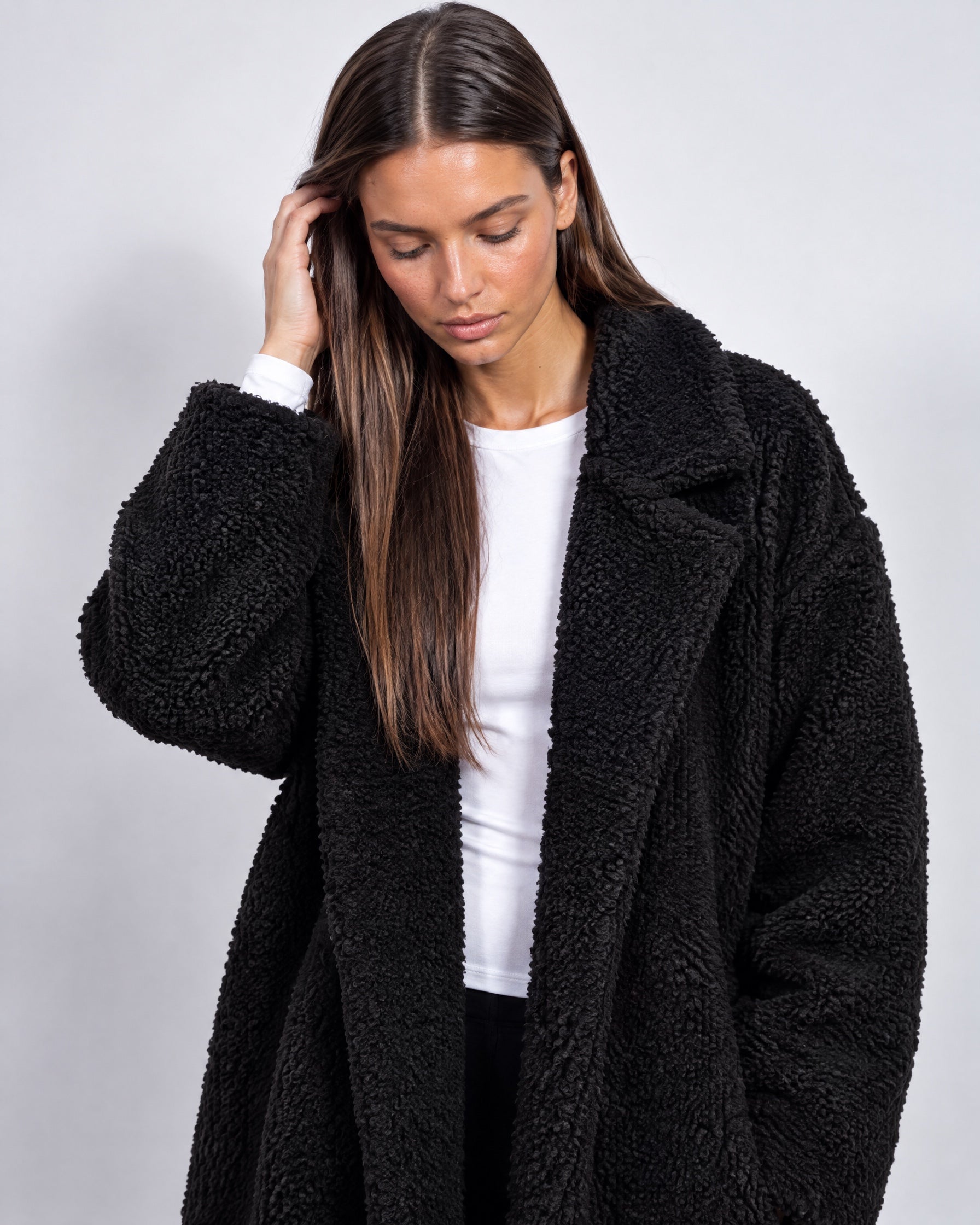 Black Teddy Coat Longline Borg Coat with Notch Collar Open Front and Oversized Fit