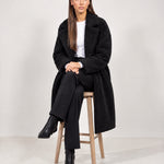 Black Teddy Coat Longline Borg Coat with Notch Collar Open Front and Oversized Fit