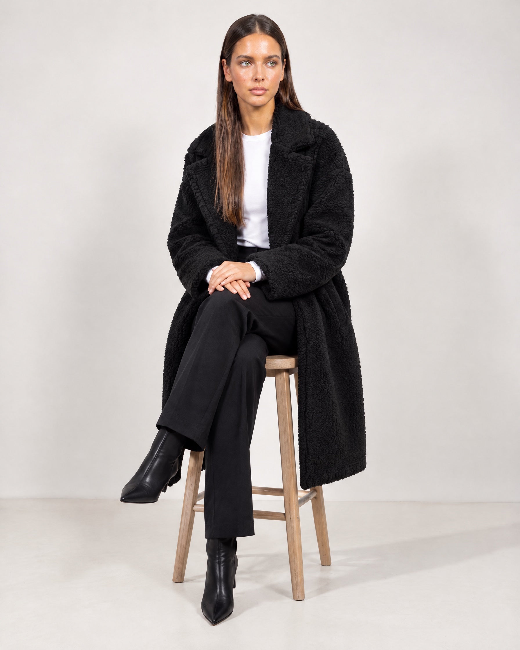 Black Teddy Coat Longline Borg Coat with Notch Collar Open Front and Oversized Fit