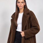 Brown Teddy Coat Longline Borg Coat with Notch Collar Open Front and Oversized Fit
