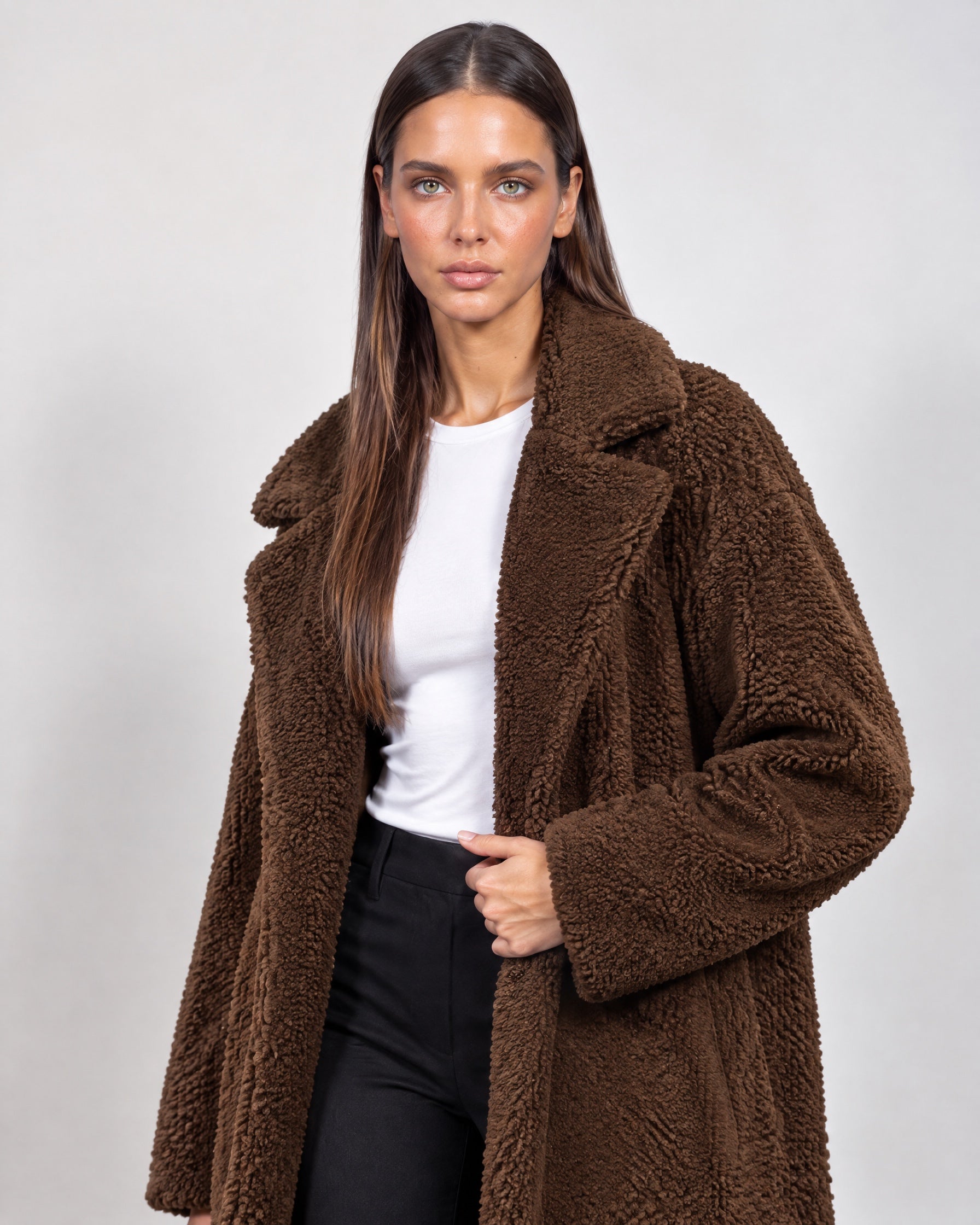 Brown Teddy Coat Longline Borg Coat with Notch Collar Open Front and Oversized Fit