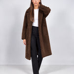 Brown Teddy Coat Longline Borg Coat with Notch Collar Open Front and Oversized Fit