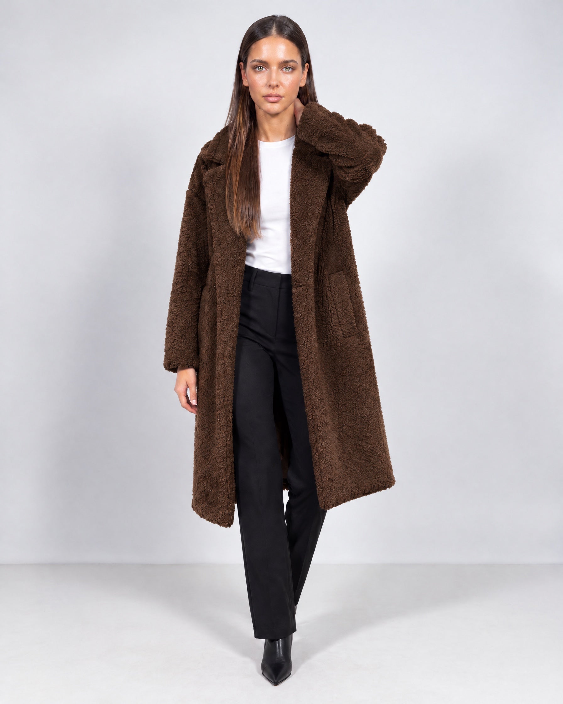 Brown Teddy Coat Longline Borg Coat with Notch Collar Open Front and Oversized Fit
