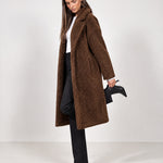 Brown Teddy Coat Longline Borg Coat with Notch Collar Open Front and Oversized Fit