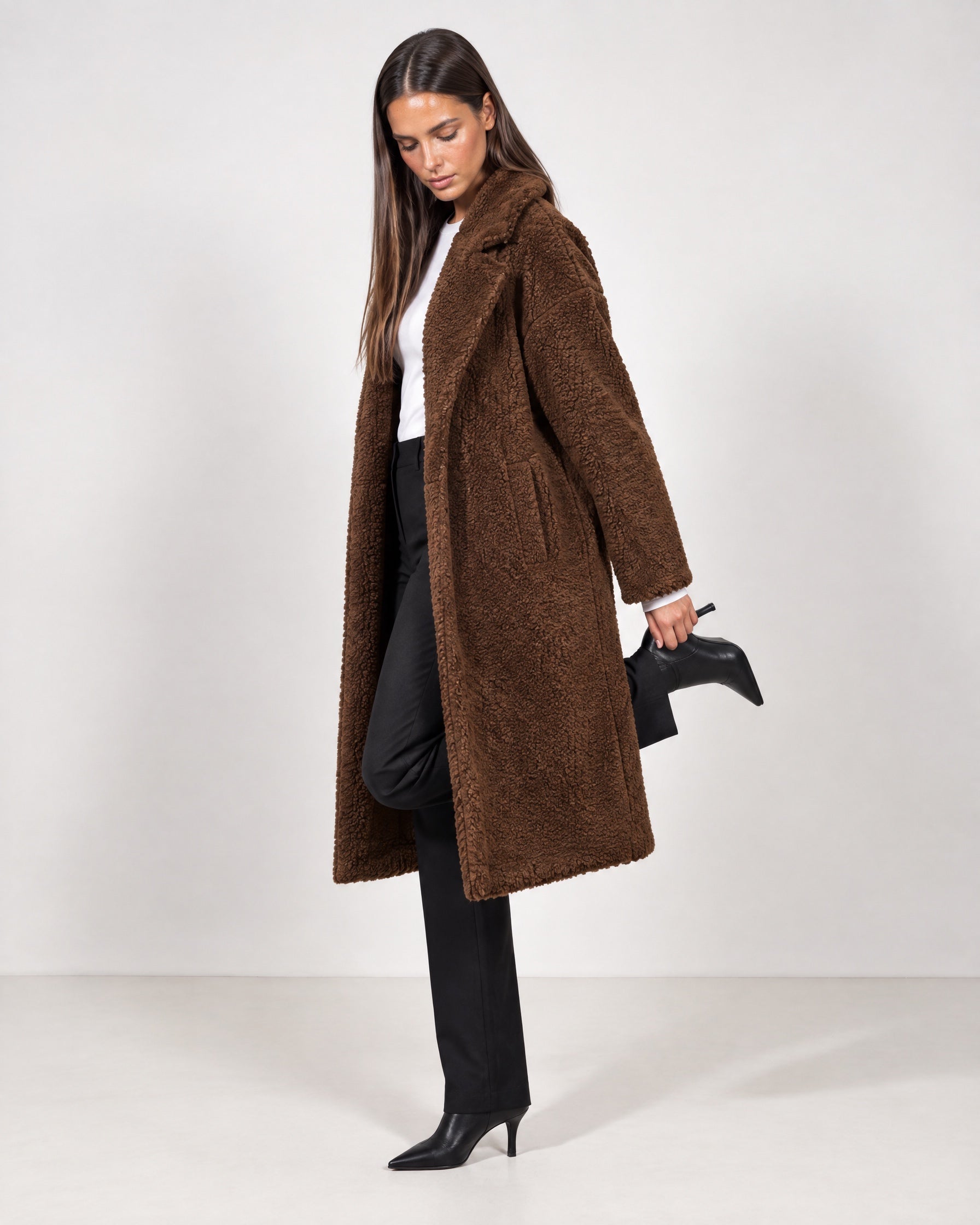 Brown Teddy Coat Longline Borg Coat with Notch Collar Open Front and Oversized Fit