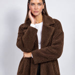 Brown Teddy Coat Longline Borg Coat with Notch Collar Open Front and Oversized Fit