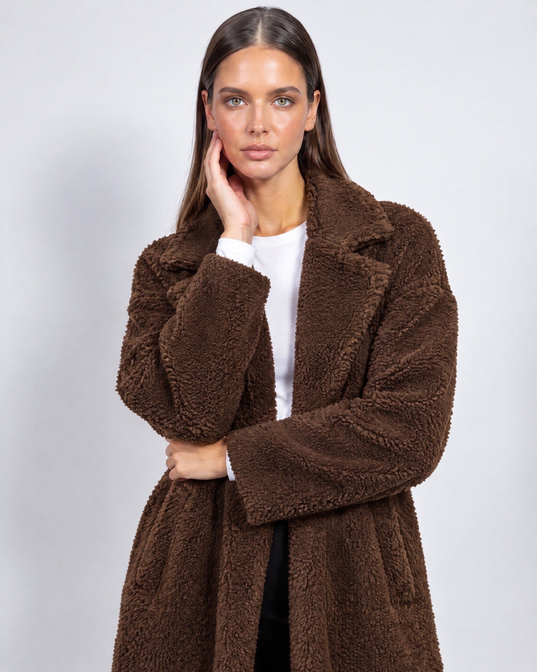 Brown Teddy Coat Longline Borg Coat with Notch Collar Open Front and Oversized Fit