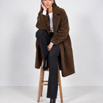 Brown Teddy Coat Longline Borg Coat with Notch Collar Open Front and Oversized Fit
