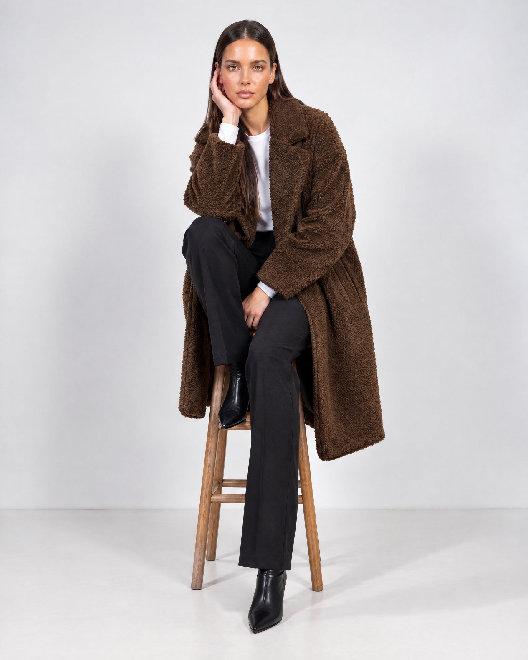 Brown Teddy Coat Longline Borg Coat with Notch Collar Open Front and Oversized Fit