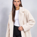 Cream Teddy Coat Longline Borg Coat with Notch Collar Open Front and Oversized Fit