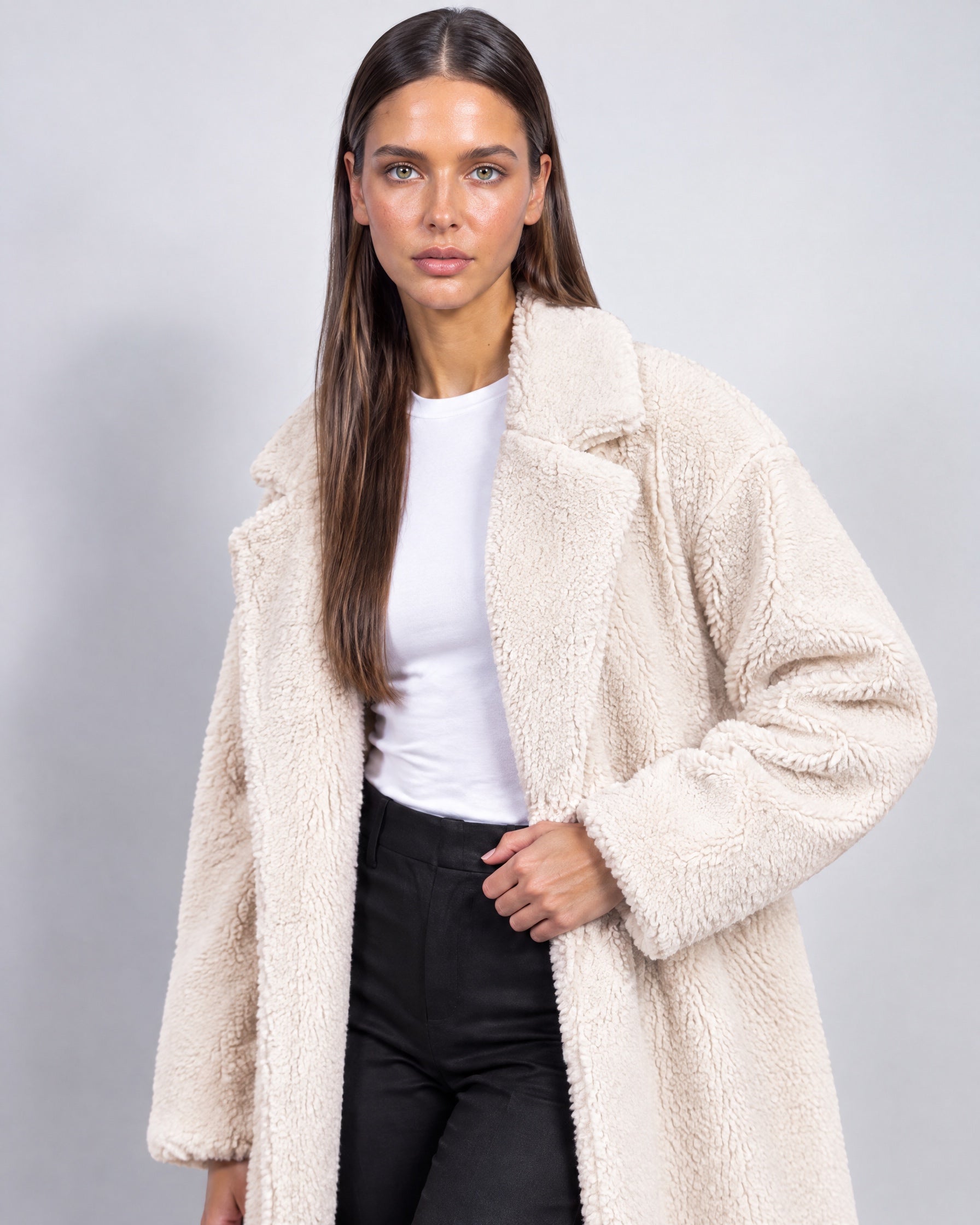 Cream Teddy Coat Longline Borg Coat with Notch Collar Open Front and Oversized Fit