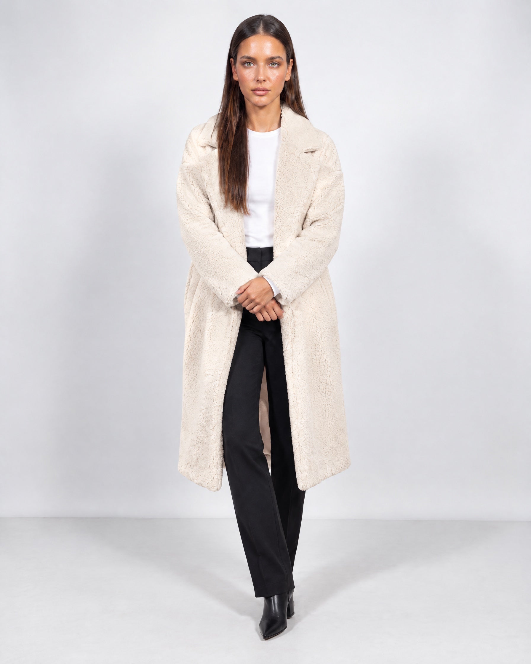 Cream Teddy Coat Longline Borg Coat with Notch Collar Open Front and Oversized Fit