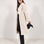 Cream Teddy Coat Longline Borg Coat with Notch Collar Open Front and Oversized Fit