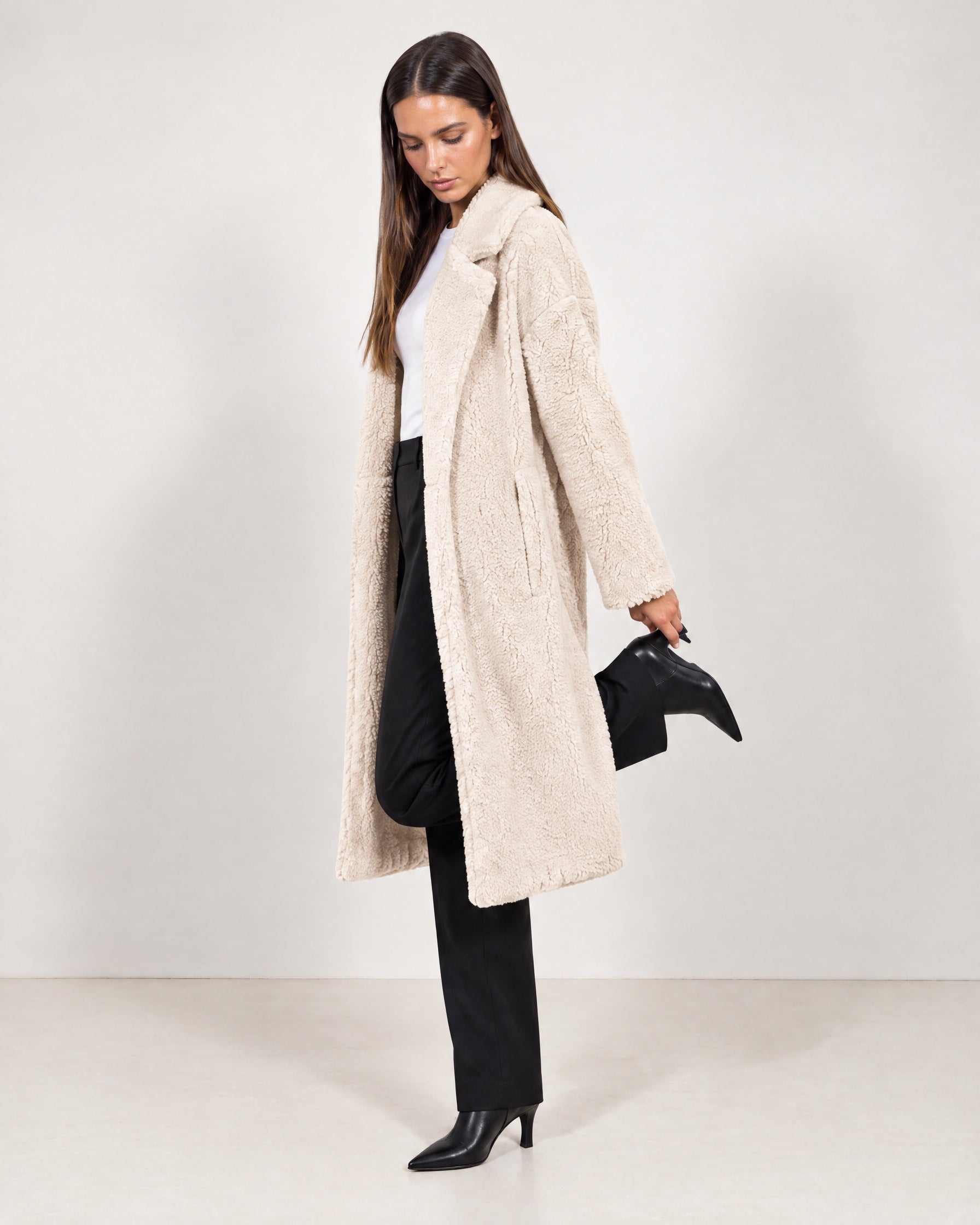 Cream Teddy Coat Longline Borg Coat with Notch Collar Open Front and Oversized Fit