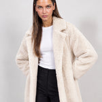 Cream Teddy Coat Longline Borg Coat with Notch Collar Open Front and Oversized Fit