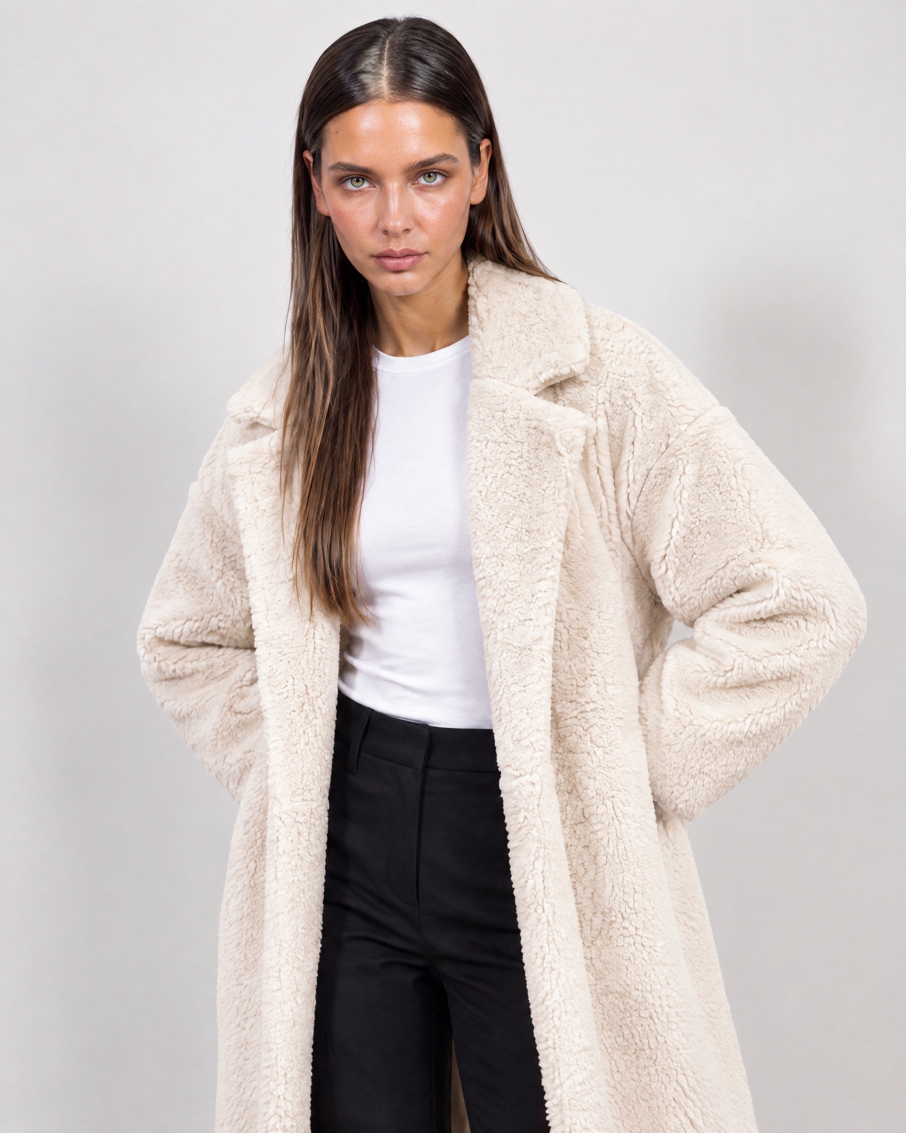 Cream Teddy Coat Longline Borg Coat with Notch Collar Open Front and Oversized Fit