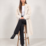 Cream Teddy Coat Longline Borg Coat with Notch Collar Open Front and Oversized Fit