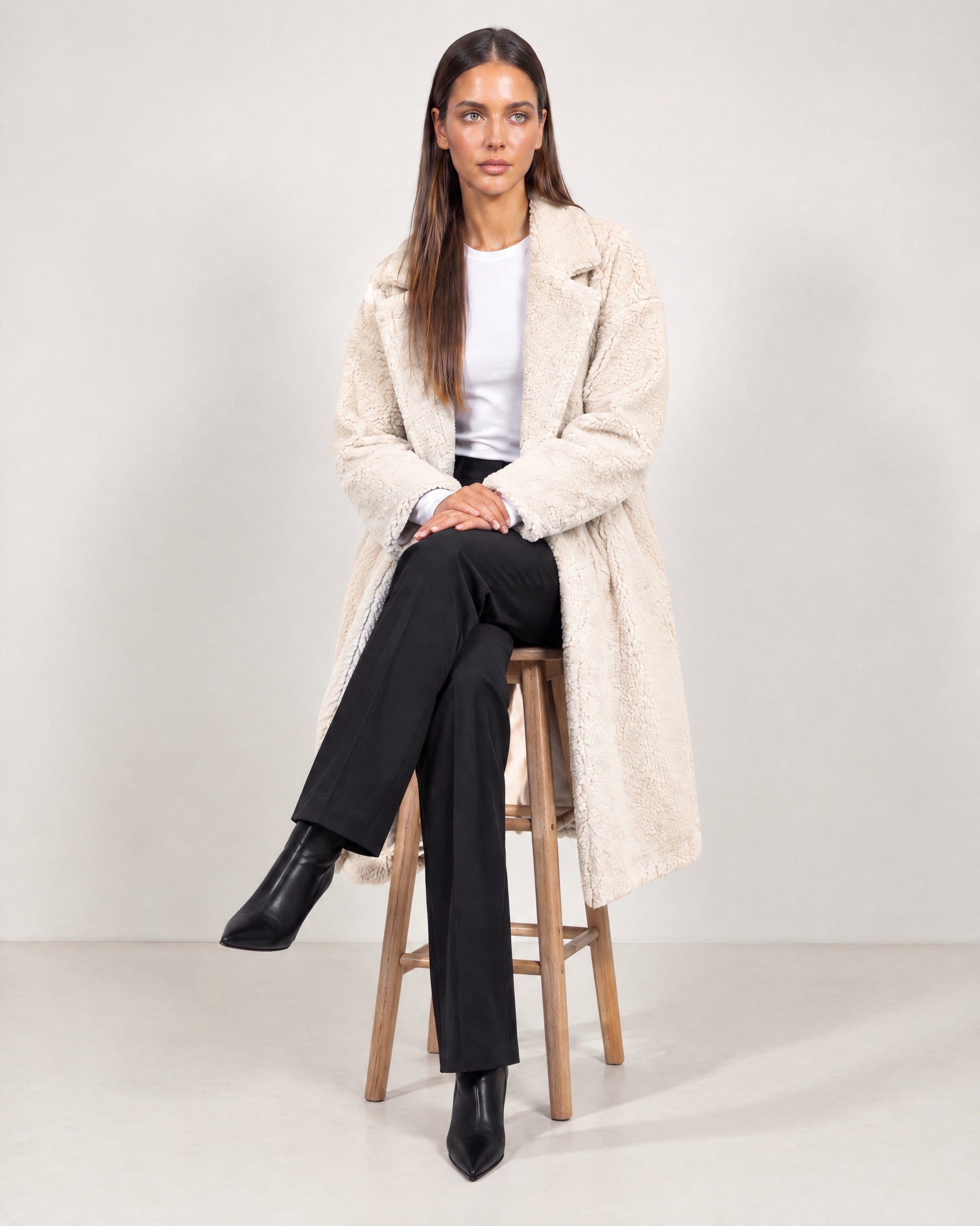 Cream Teddy Coat Longline Borg Coat with Notch Collar Open Front and Oversized Fit