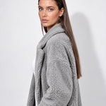 Grey Teddy Coat Longline Borg Coat with Notch Collar Open Front and Oversized Fit