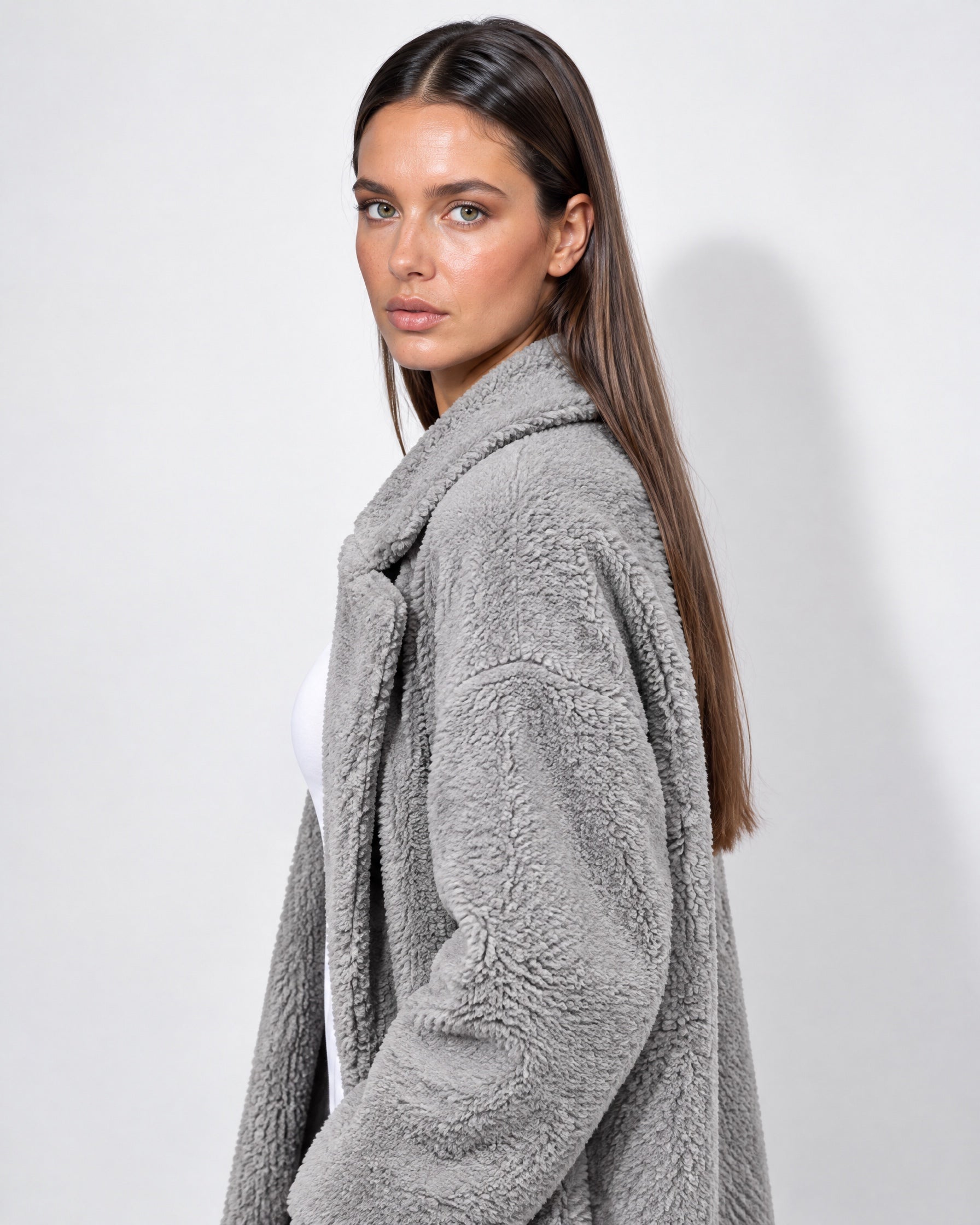 Grey Teddy Coat Longline Borg Coat with Notch Collar Open Front and Oversized Fit