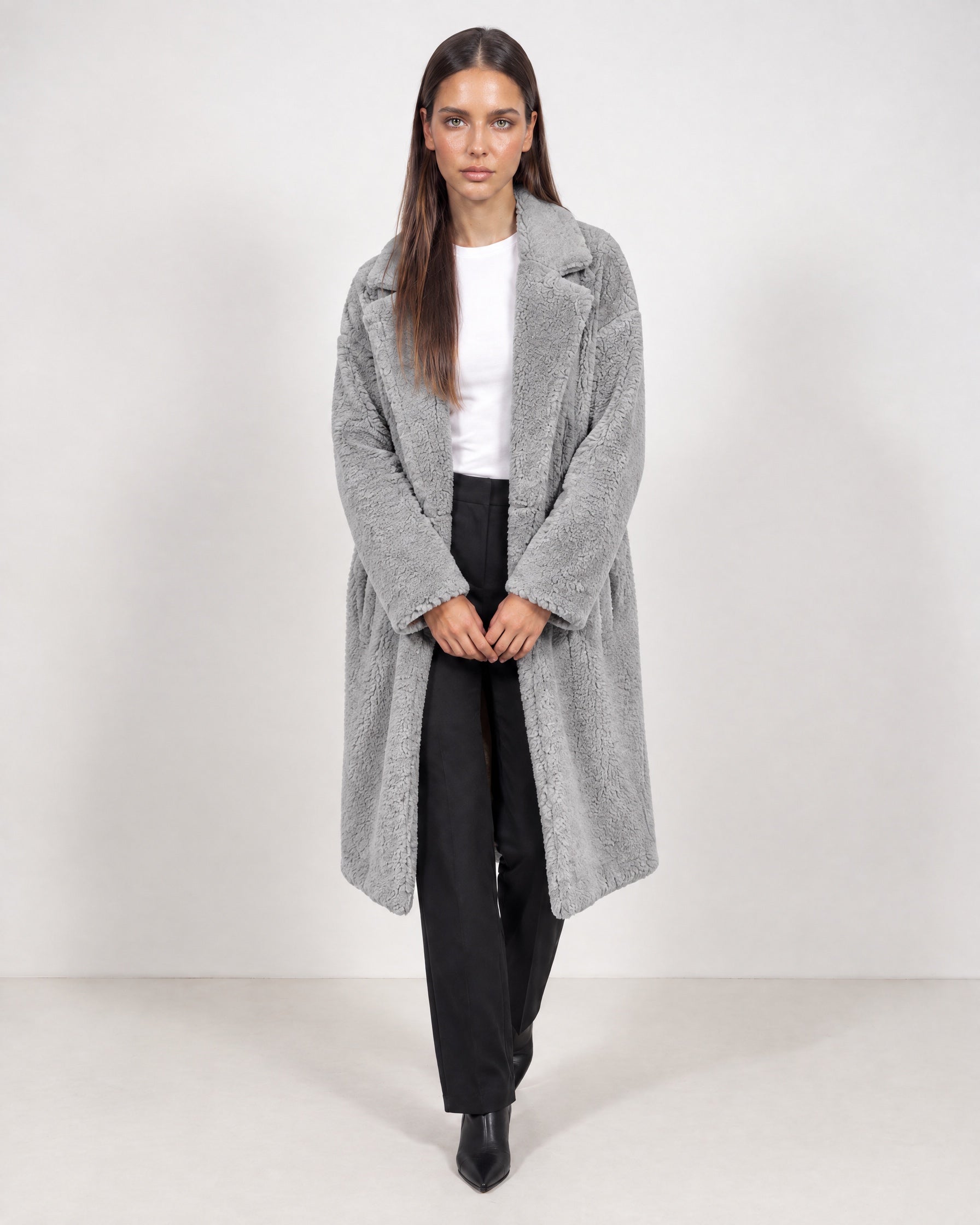 Grey Teddy Coat Longline Borg Coat with Notch Collar Open Front and Oversized Fit