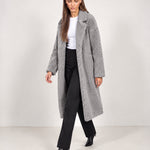 Grey Teddy Coat Longline Borg Coat with Notch Collar Open Front and Oversized Fit