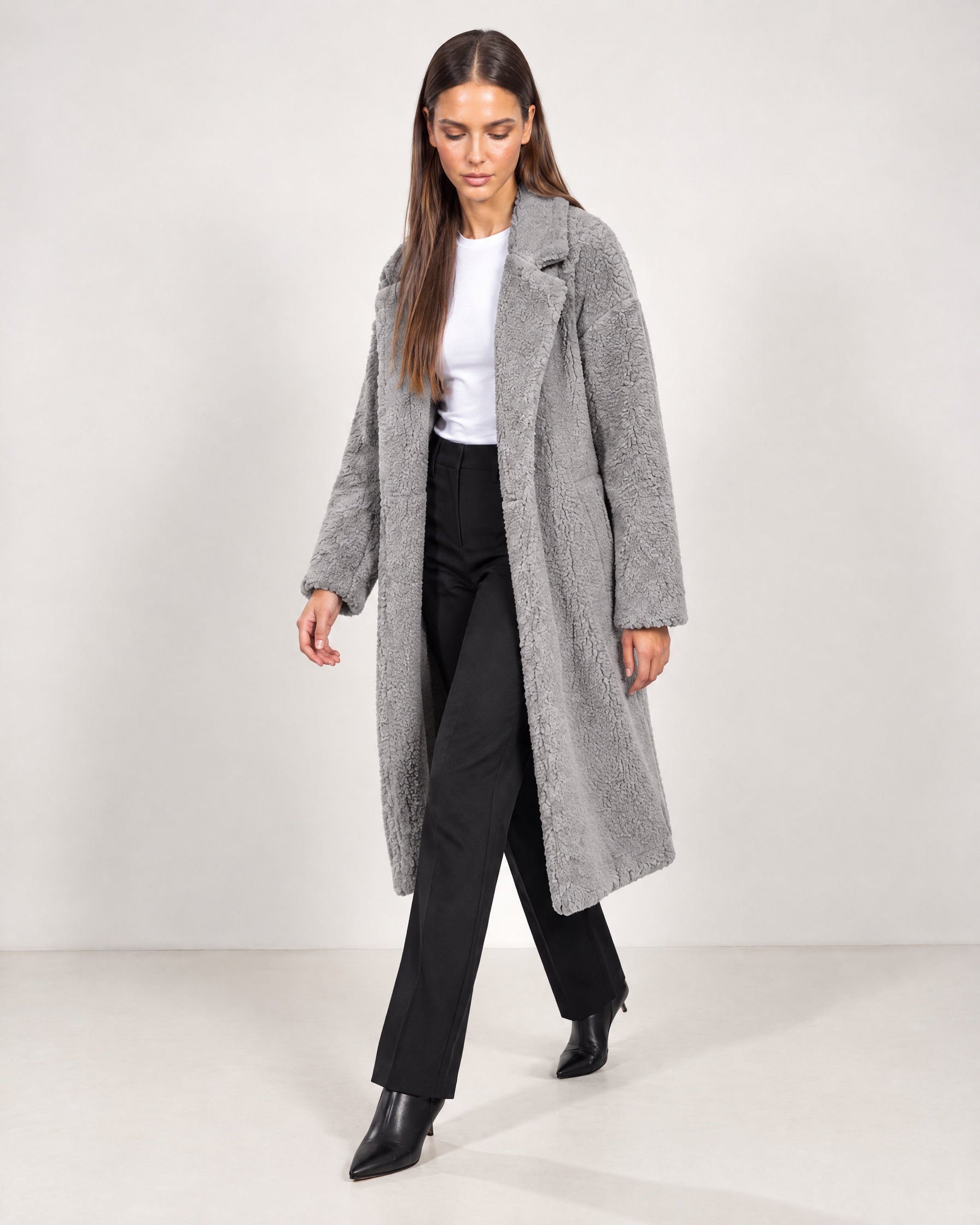 Grey Teddy Coat Longline Borg Coat with Notch Collar Open Front and Oversized Fit