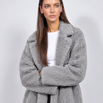 Grey Teddy Coat Longline Borg Coat with Notch Collar Open Front and Oversized Fit
