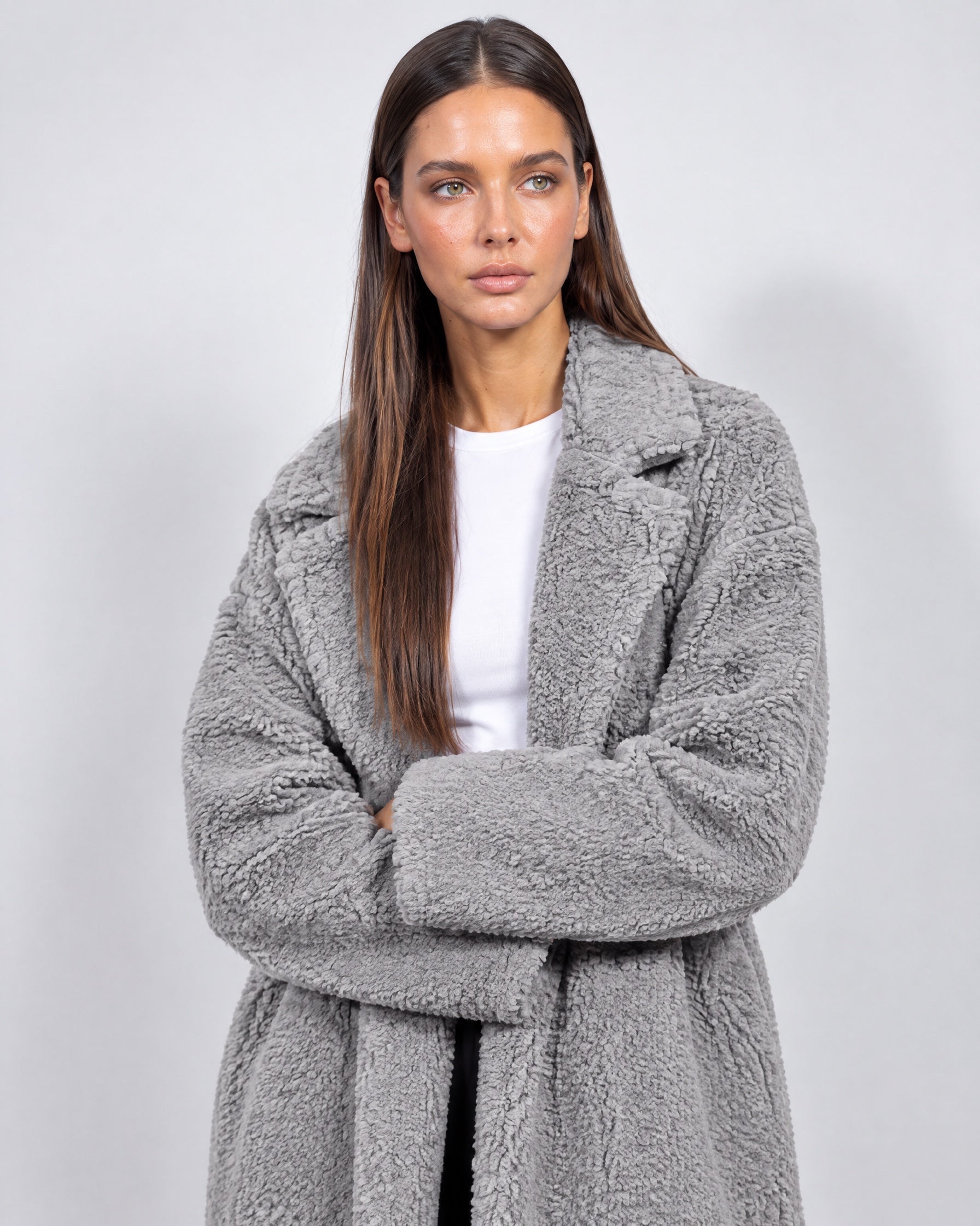 Grey Teddy Coat Longline Borg Coat with Notch Collar Open Front and Oversized Fit