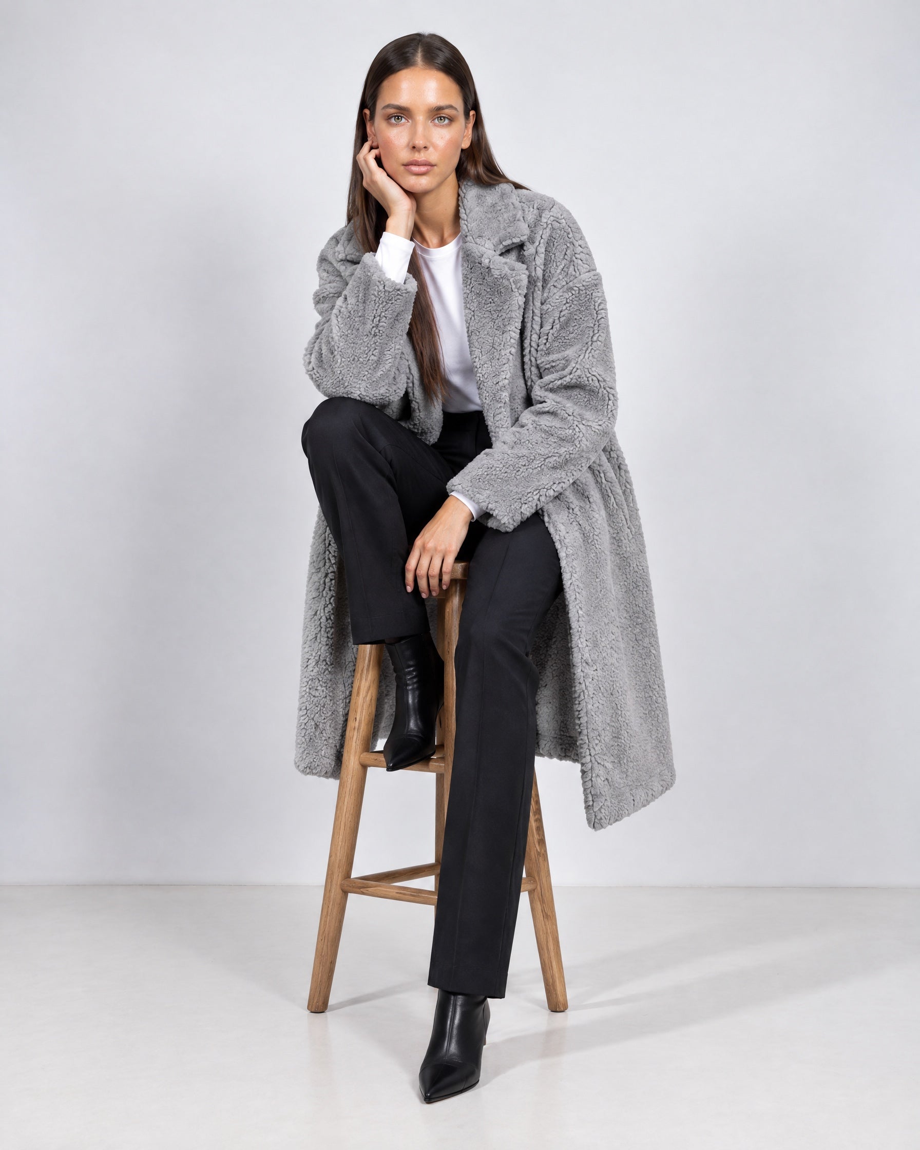 Grey Teddy Coat Longline Borg Coat with Notch Collar Open Front and Oversized Fit